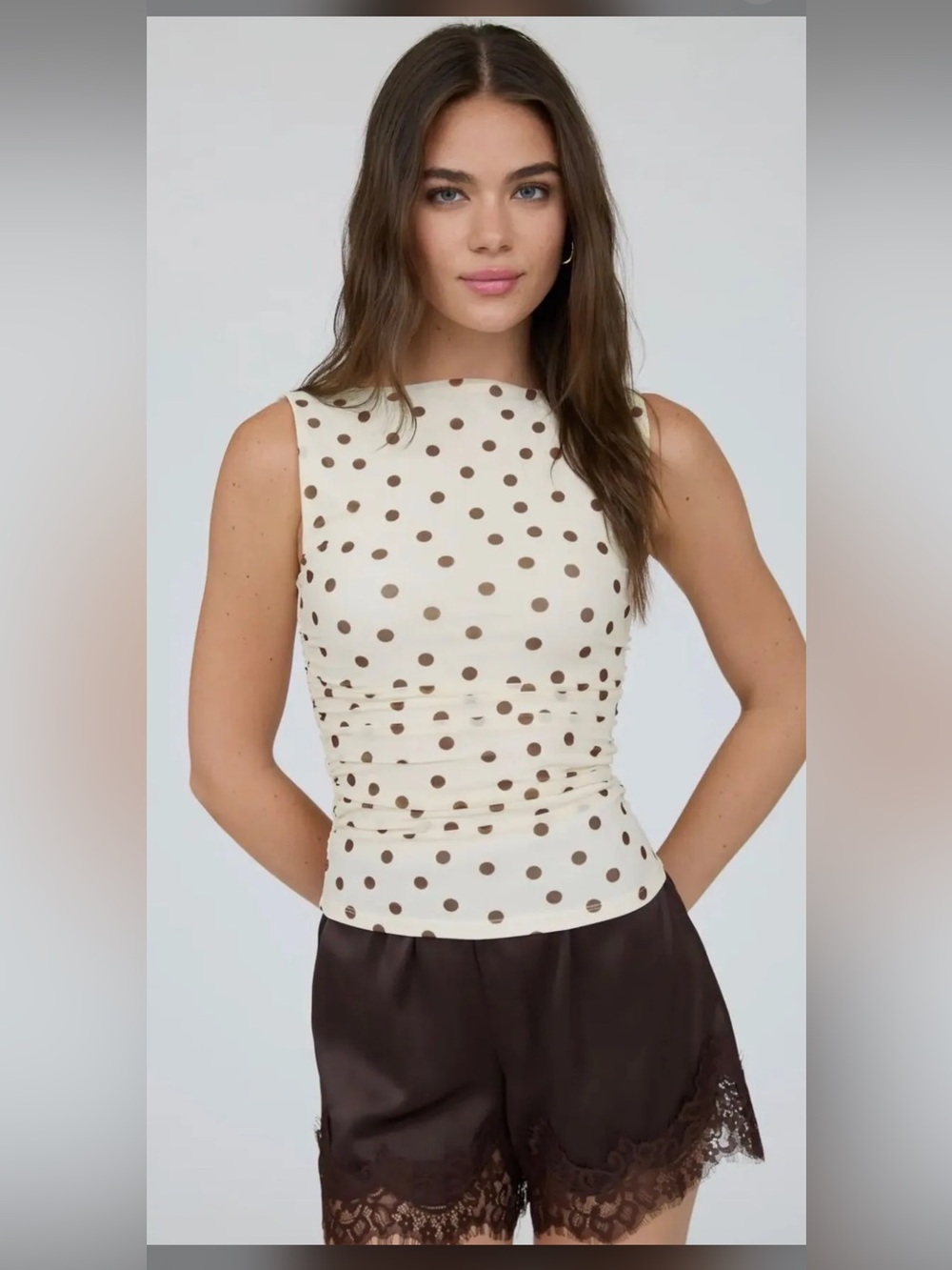 Sleeveless Cream Polka Dot Ruched Top Size Small